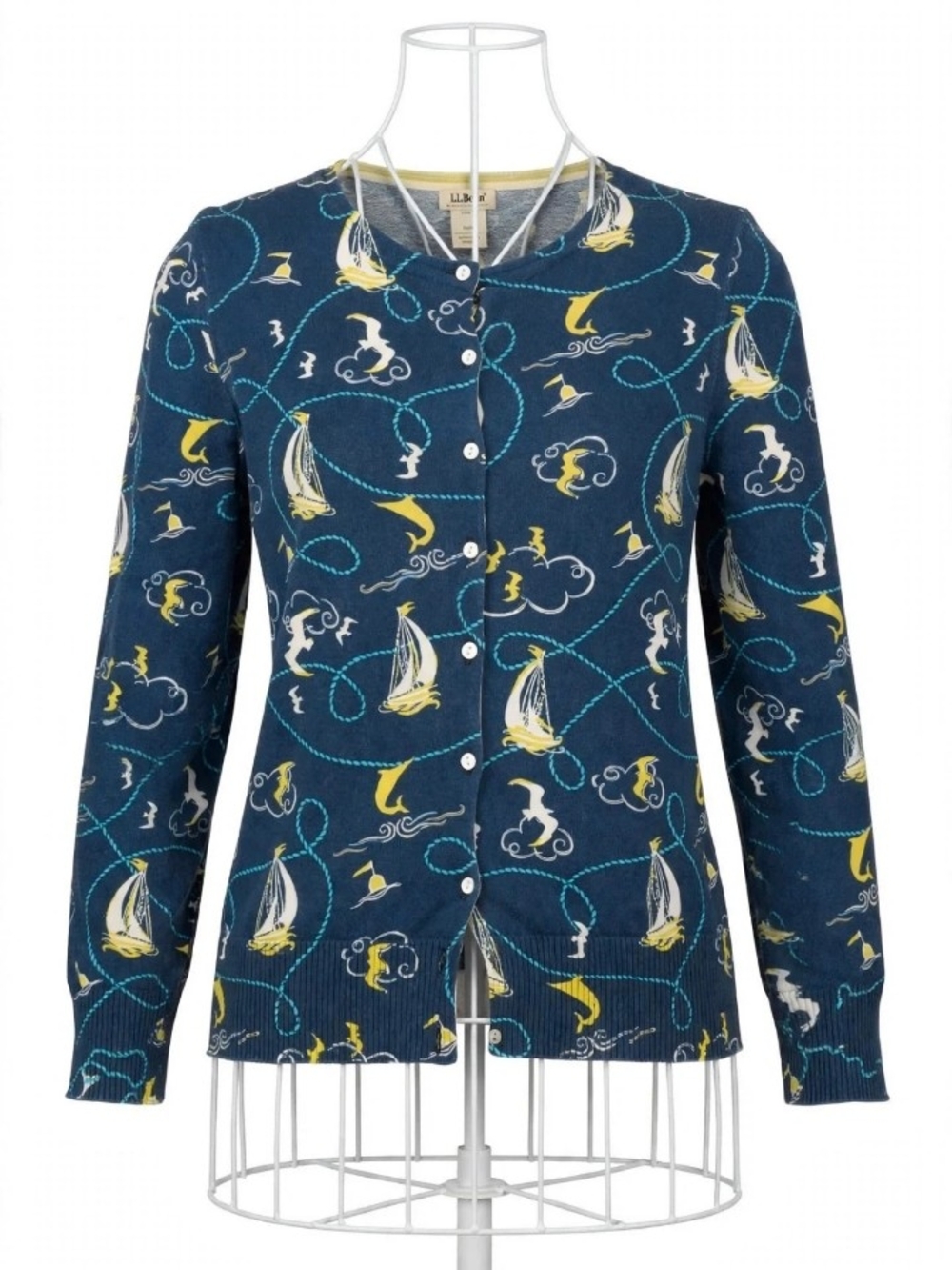 L.L. Bean Navy Nautical-Print Button Cardigan with Yellow & White Accents